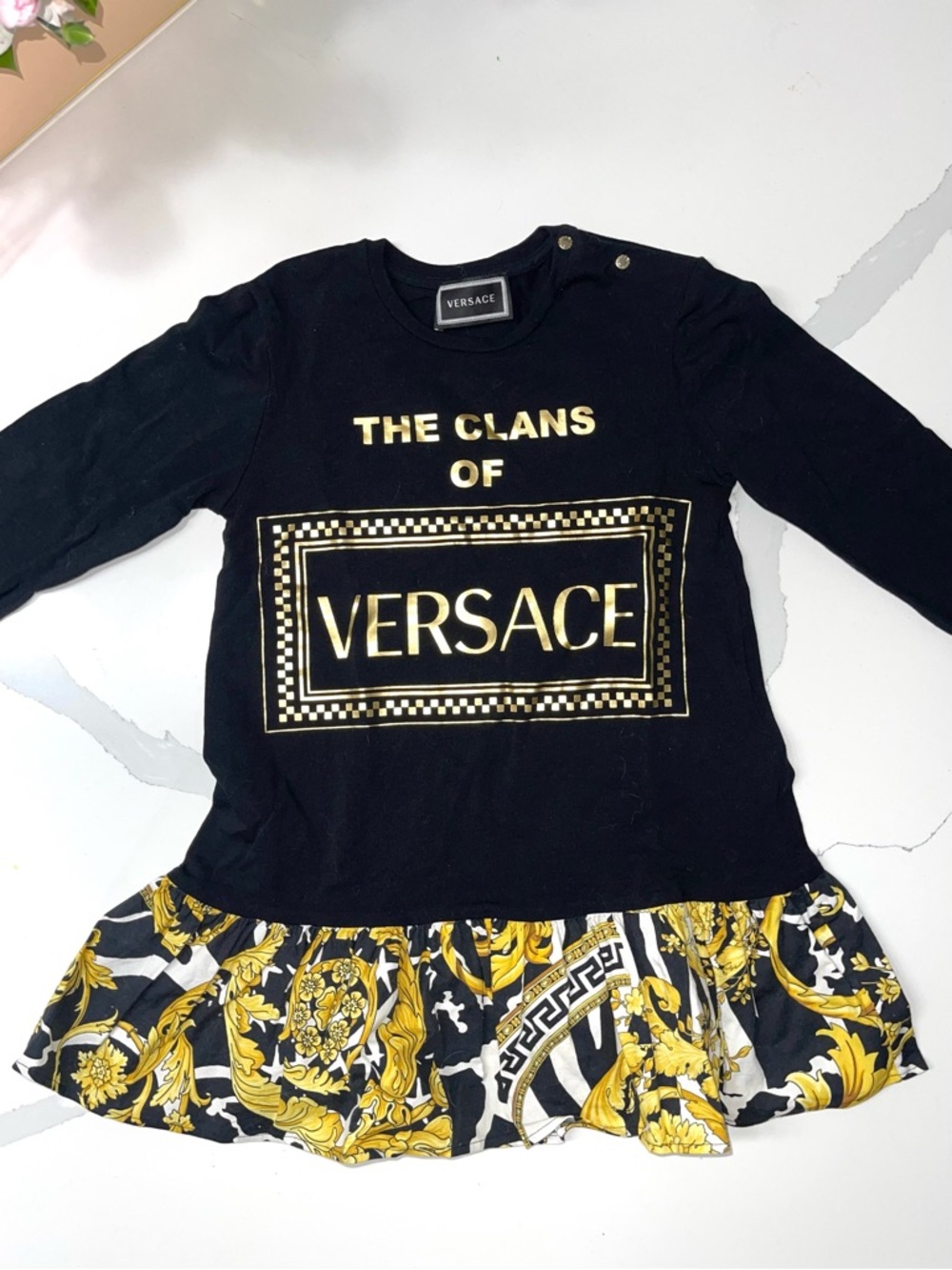 Versace Kids Black and Gold Logo Long Sleeve Ruffle Hem Dress